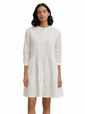 Alice Walk 100% Linen Collared Tiered Shirt Mini Dress White